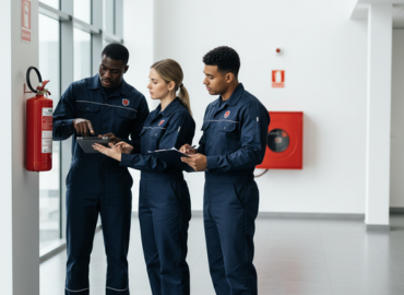 Equipe técnica da Providex com equipamento de combate a incêndio