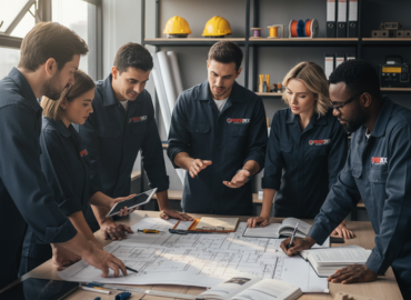 Equipe técnica realizando projeto e instalação de sistemas integrados