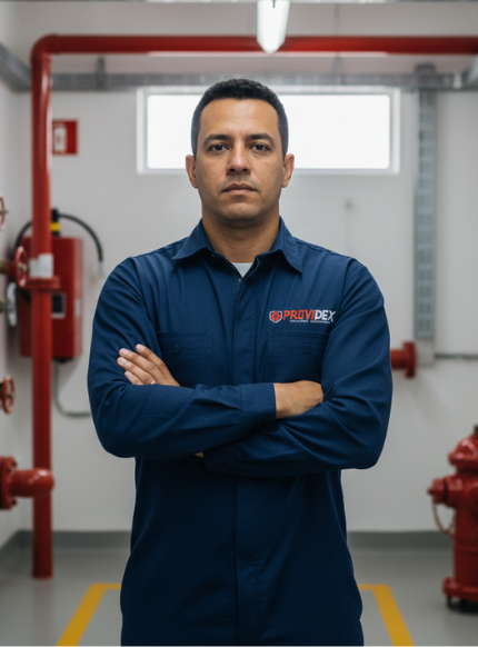 Equipe técnica da Providex em projeto de segurança contra incêndio